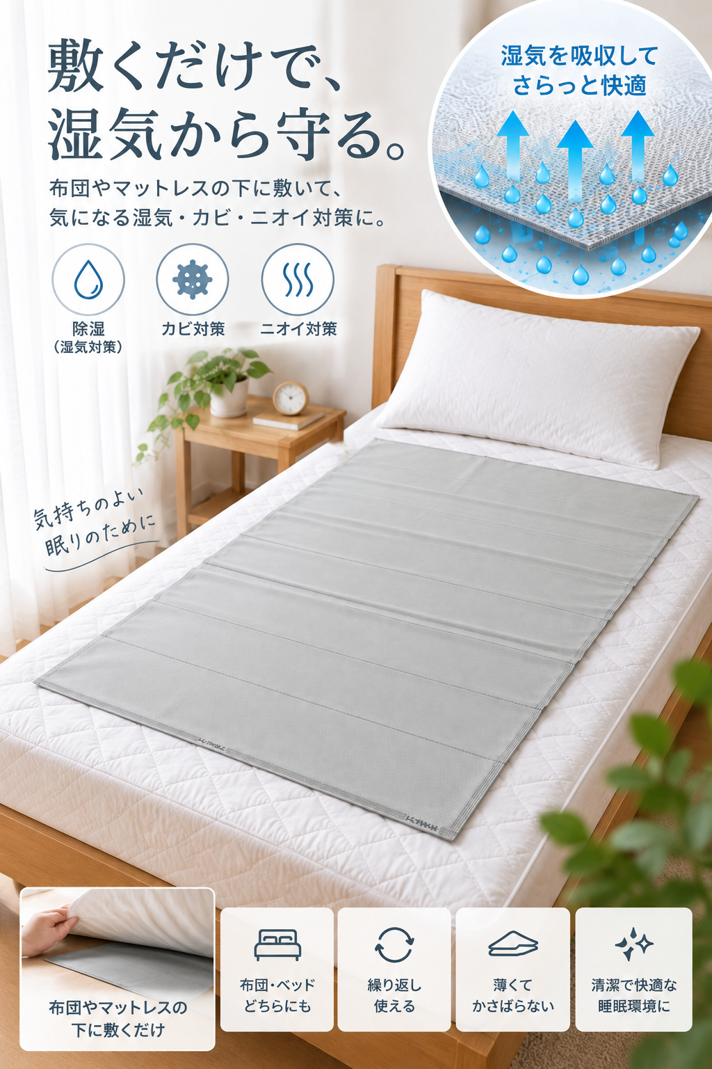 ベッドに敷いた新商品除湿シート